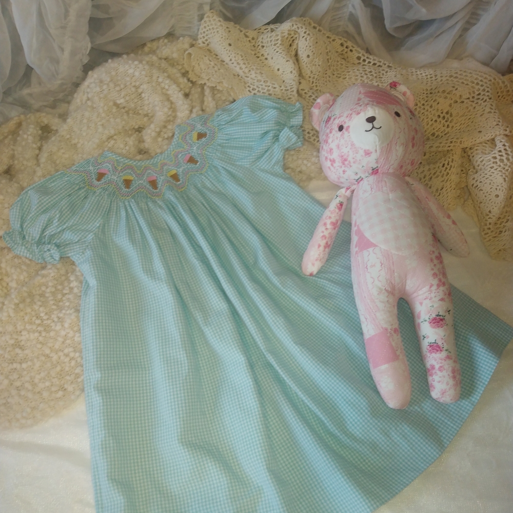 Blue Gingham Smocked Dress with Pink Teddy Bear